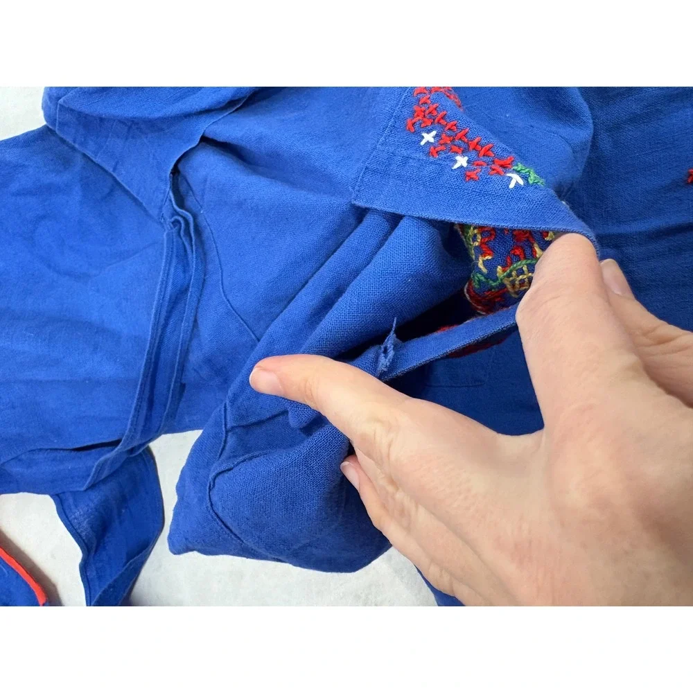 Vintage Blue Embroidered Apron Folk Art Cross Stitch Cotton Pocket Cottagecore